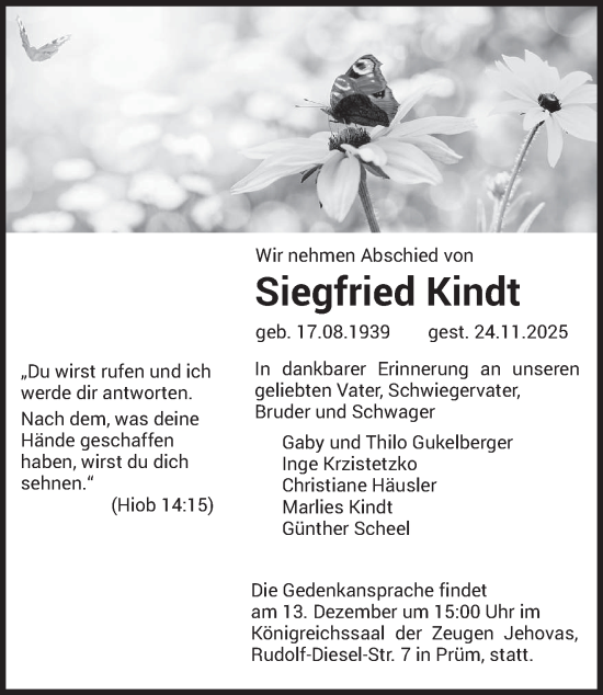 Traueranzeige von Siegfried Kindt von trierischer_volksfreund