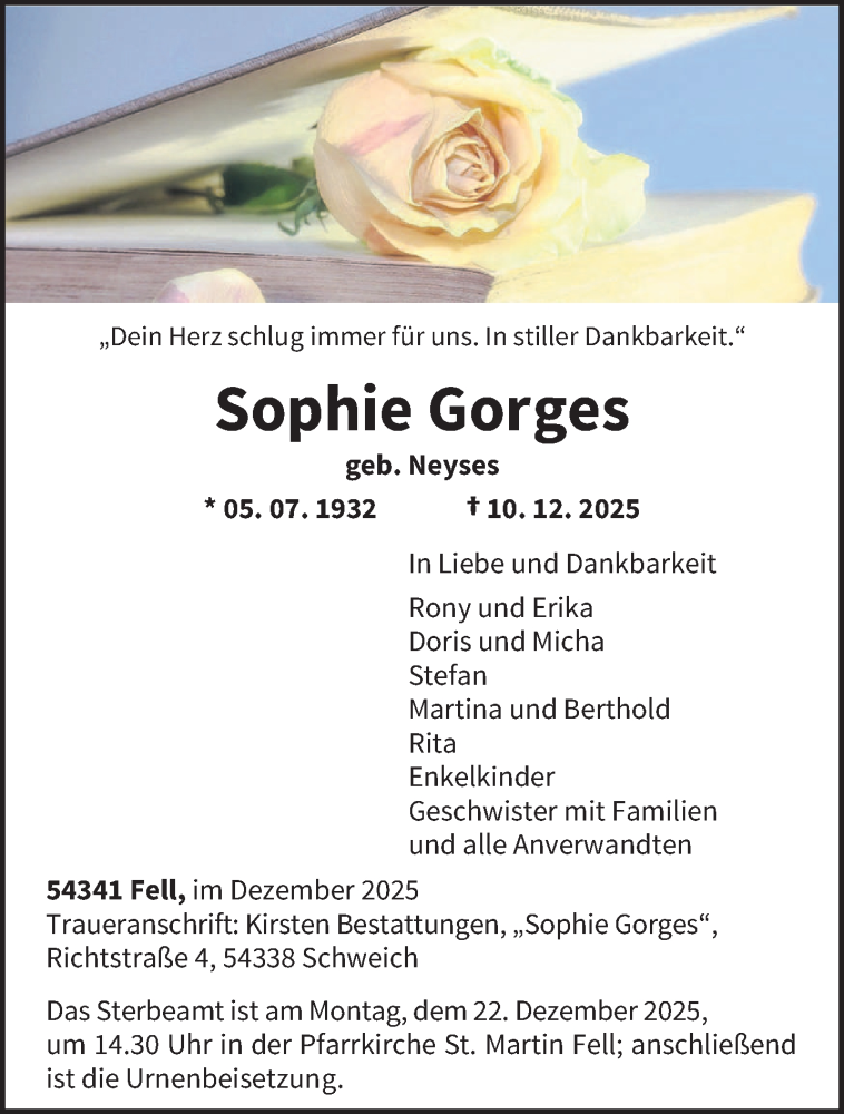  Traueranzeige für Sophie Gorges vom 13.12.2025 aus trierischer_volksfreund