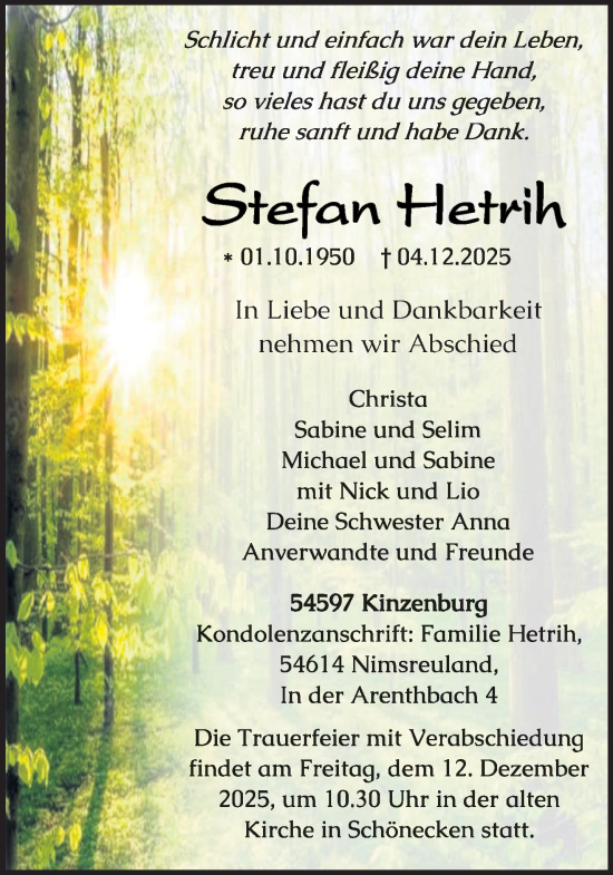 Traueranzeige von Stefan Hetrih von trierischer_volksfreund