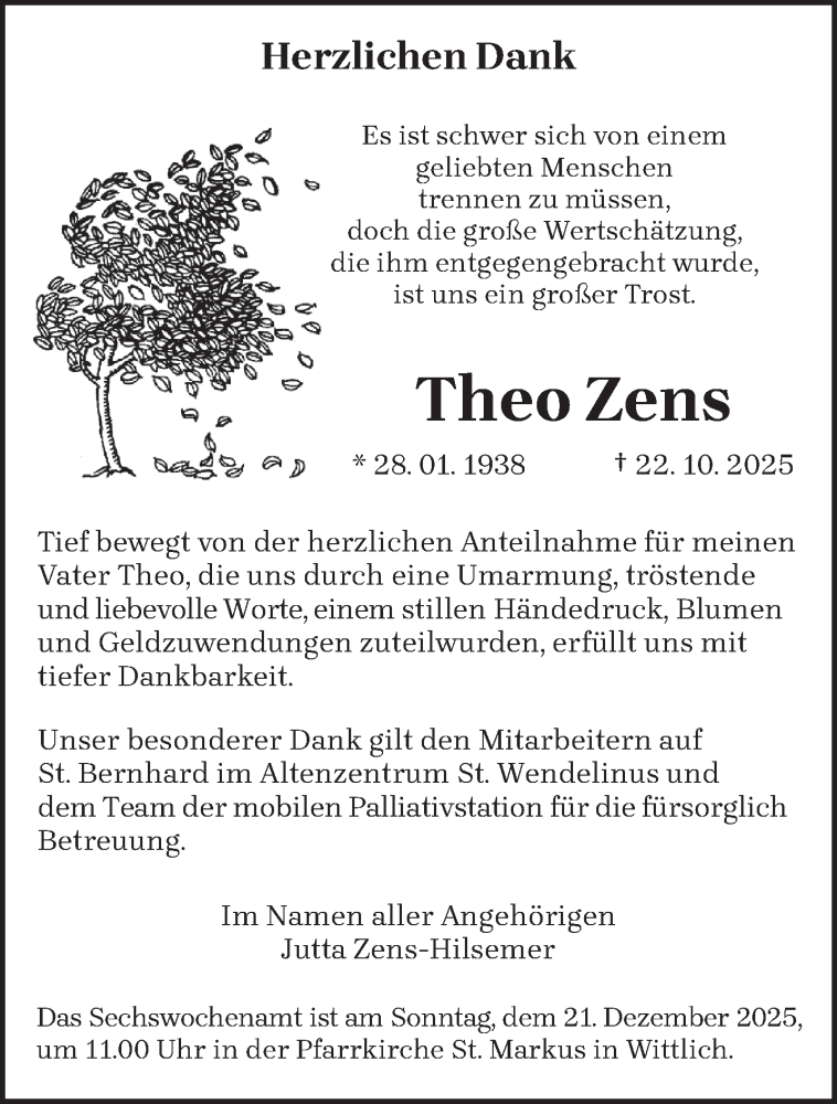  Traueranzeige für Theo Zens vom 13.12.2025 aus trierischer_volksfreund