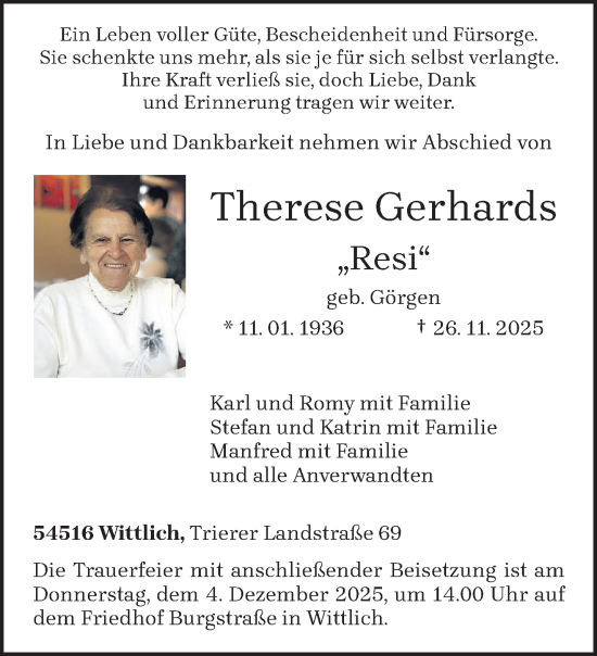 Traueranzeige von Therese Gerhards von trierischer_volksfreund