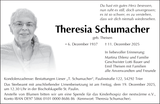 Traueranzeige von Theresia Schumacher von trierischer_volksfreund