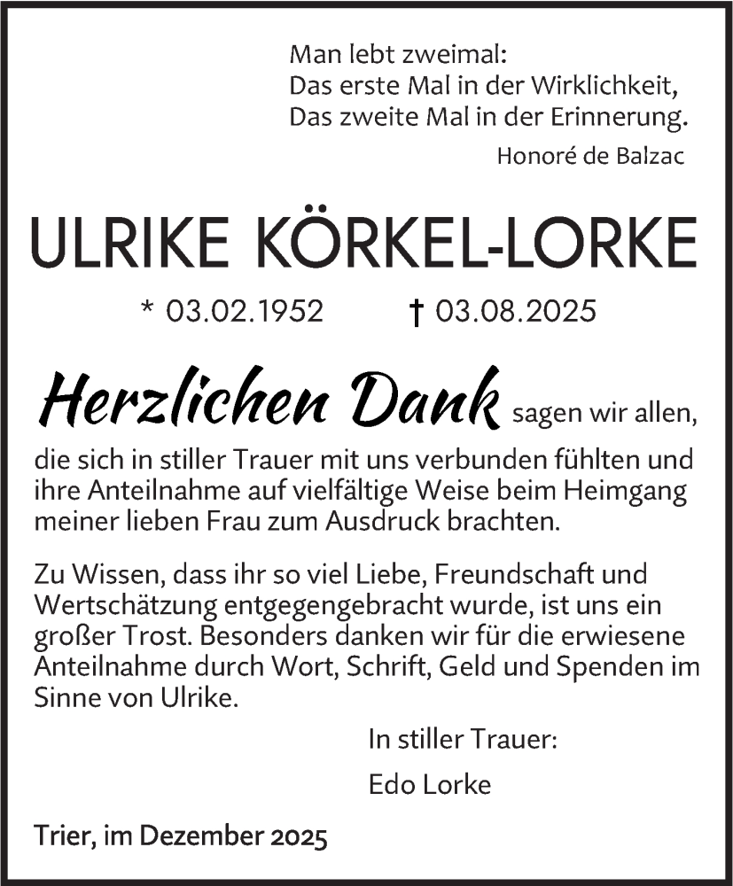  Traueranzeige für Ulrike Körkel-Lorke vom 06.12.2025 aus trierischer_volksfreund