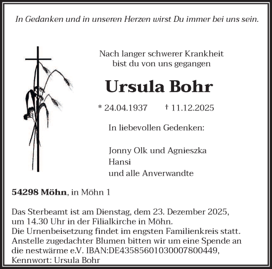Traueranzeige von Ursula Bohr von trierischer_volksfreund