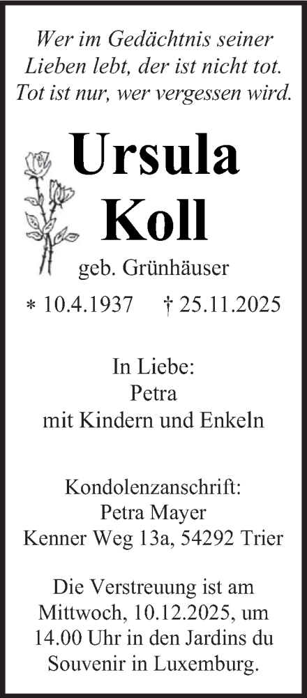 Traueranzeige von Ursula Koll von trierischer_volksfreund
