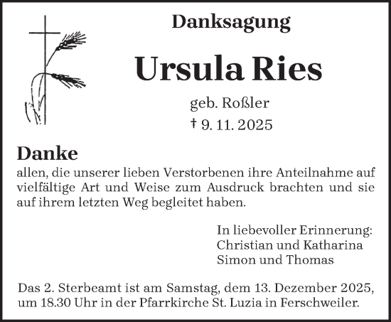 Traueranzeige von Ursula Ries von trierischer_volksfreund