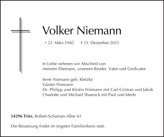 Traueranzeige von Volker Niemann von trierischer_volksfreund