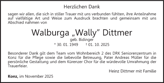 Traueranzeige von Walburga Dittmer von trierischer_volksfreund