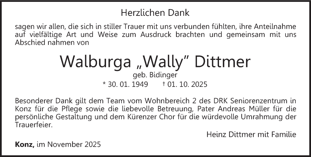  Traueranzeige für Walburga Dittmer vom 29.11.2025 aus trierischer_volksfreund