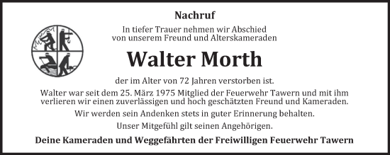 Traueranzeige von Walter Morth von trierischer_volksfreund