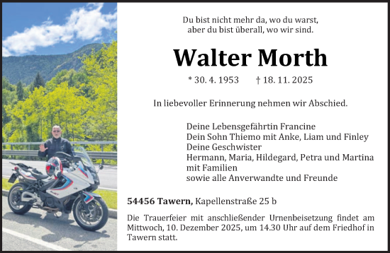 Traueranzeige von Walter Morth von trierischer_volksfreund