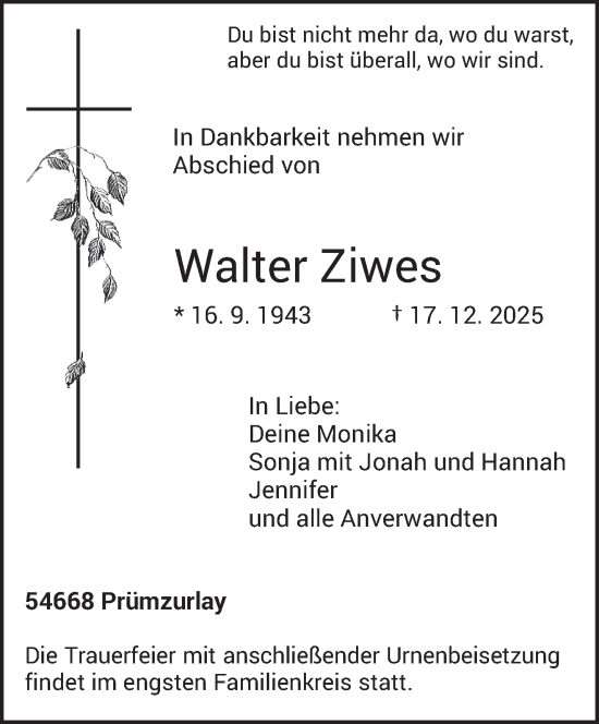 Traueranzeige von Walter Ziwes von trierischer_volksfreund