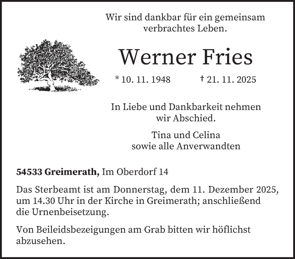  Traueranzeige für Werner Fries vom 03.12.2025 aus trierischer_volksfreund
