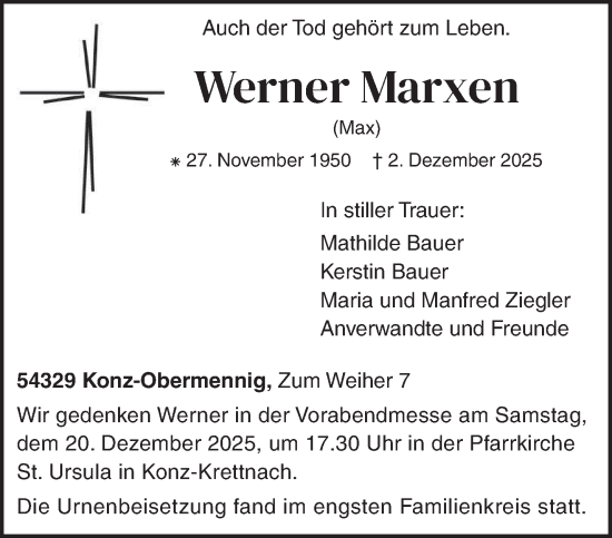 Traueranzeige von Werner Marxen von trierischer_volksfreund