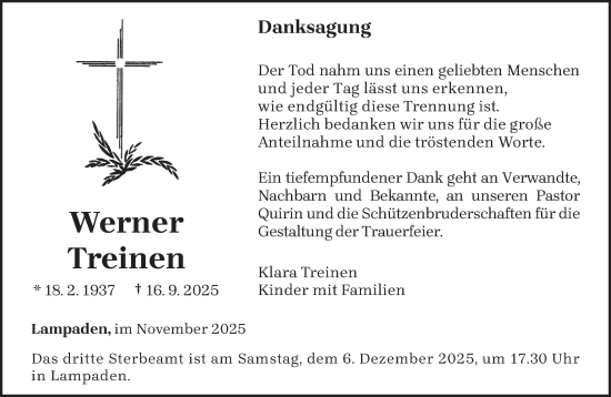 Traueranzeige von Werner Treinen von trierischer_volksfreund