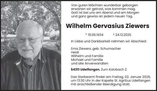 Traueranzeige von Wilhelm Gervasius Ziewers von trierischer_volksfreund
