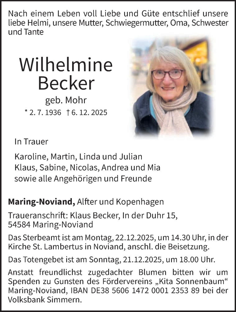  Traueranzeige für Wilhelmine Becker vom 13.12.2025 aus trierischer_volksfreund