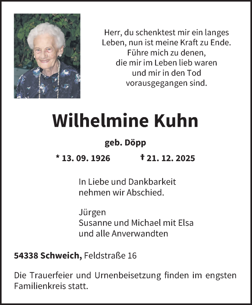  Traueranzeige für Wilhelmine Kuhn vom 24.12.2025 aus trierischer_volksfreund