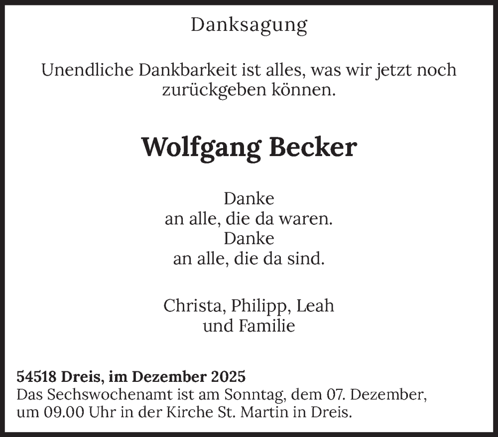  Traueranzeige für Wolfgang Becker vom 03.12.2025 aus trierischer_volksfreund