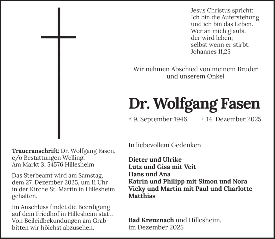 Traueranzeige von Wolfgang Fasen von trierischer_volksfreund