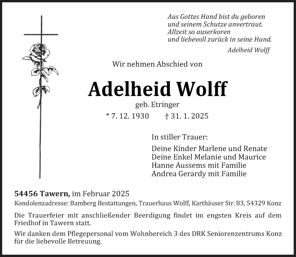  Traueranzeige für Adelheid Wolff vom 08.02.2025 aus trierischer_volksfreund
