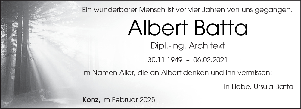  Traueranzeige für Albert Batta vom 08.02.2025 aus trierischer_volksfreund