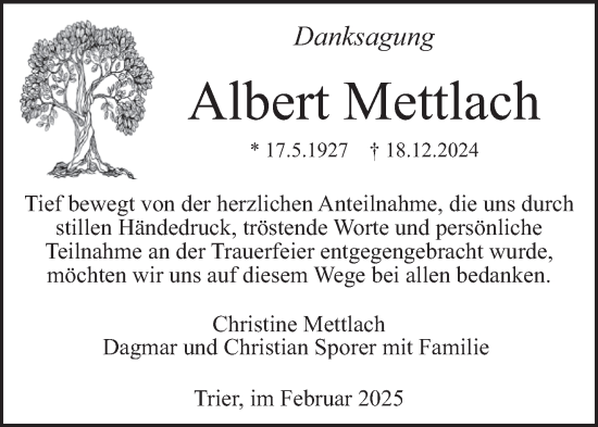 Traueranzeige von Albert Mettlach von trierischer_volksfreund