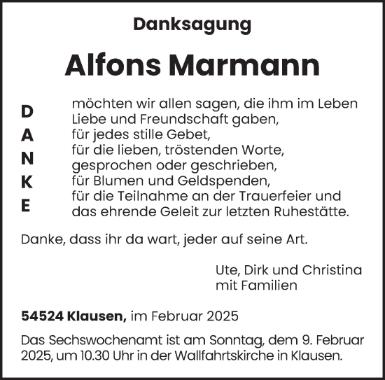 Traueranzeige von Alfons Marmann von trierischer_volksfreund