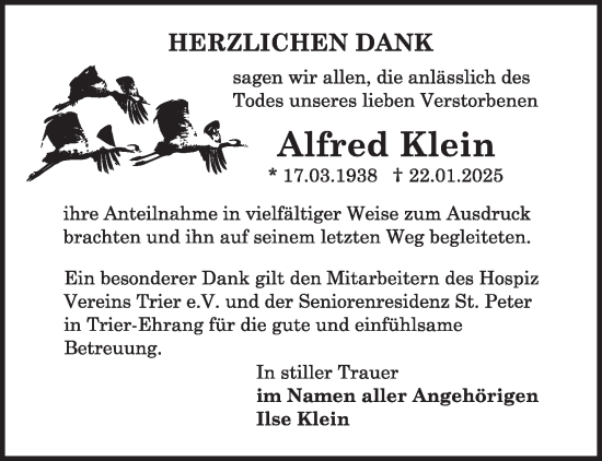Traueranzeige von Alfred Klein von trierischer_volksfreund