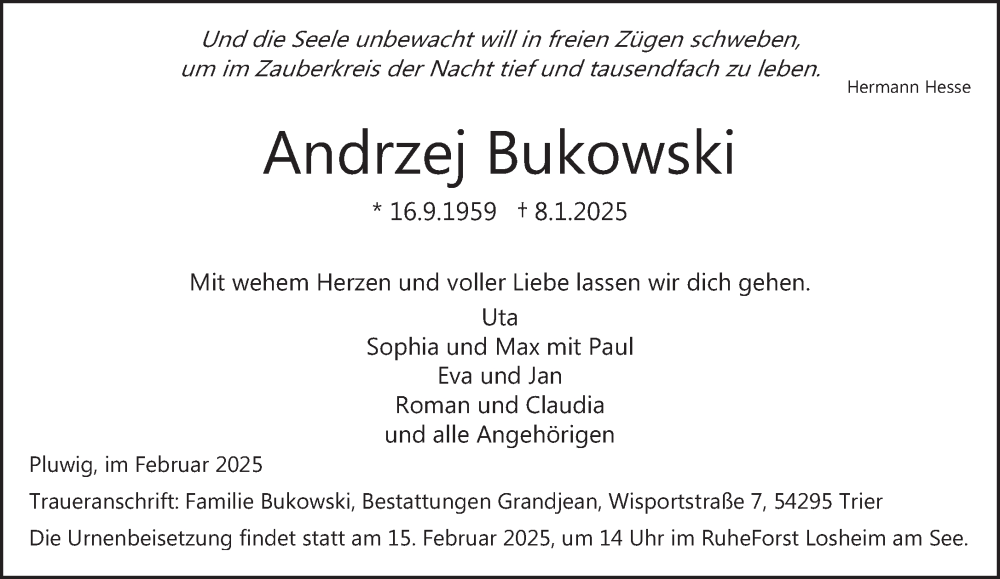  Traueranzeige für Andrzej Bukowski vom 08.02.2025 aus trierischer_volksfreund