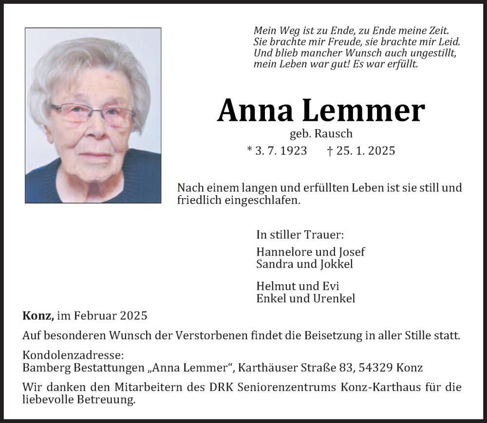  Traueranzeige für Anna Lemmer vom 01.02.2025 aus trierischer_volksfreund