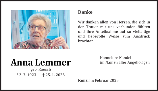 Traueranzeige von Anna Lemmer von trierischer_volksfreund