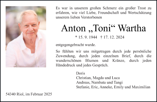 Traueranzeige von Anton Wartha von trierischer_volksfreund