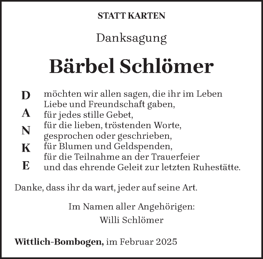  Traueranzeige für Bärbel Schlömer vom 15.02.2025 aus trierischer_volksfreund