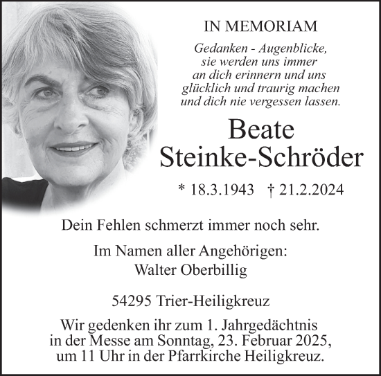Traueranzeige von Beate Steinke-Schröder von trierischer_volksfreund