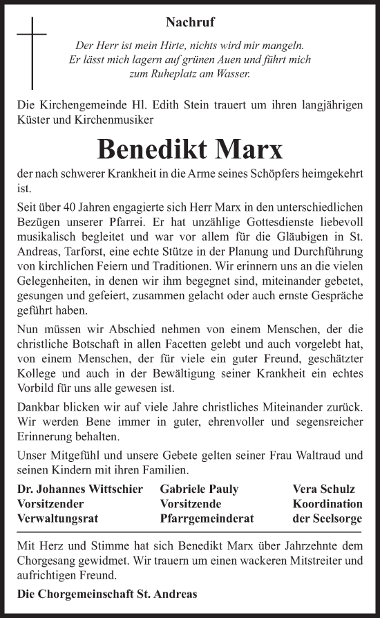 Traueranzeige von Benedikt Marx von trierischer_volksfreund