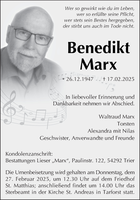 Traueranzeige von Benedikt Marx von trierischer_volksfreund