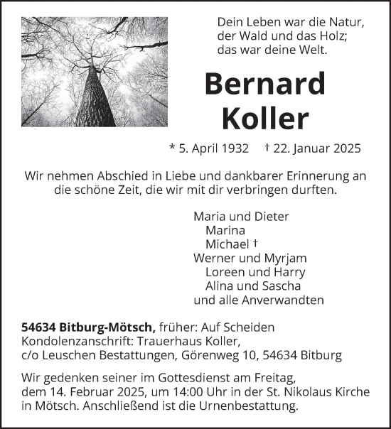 Traueranzeige von Bernard Koller von trierischer_volksfreund