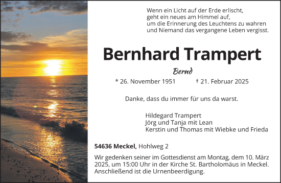 Traueranzeige von Bernhard Trampert von trierischer_volksfreund