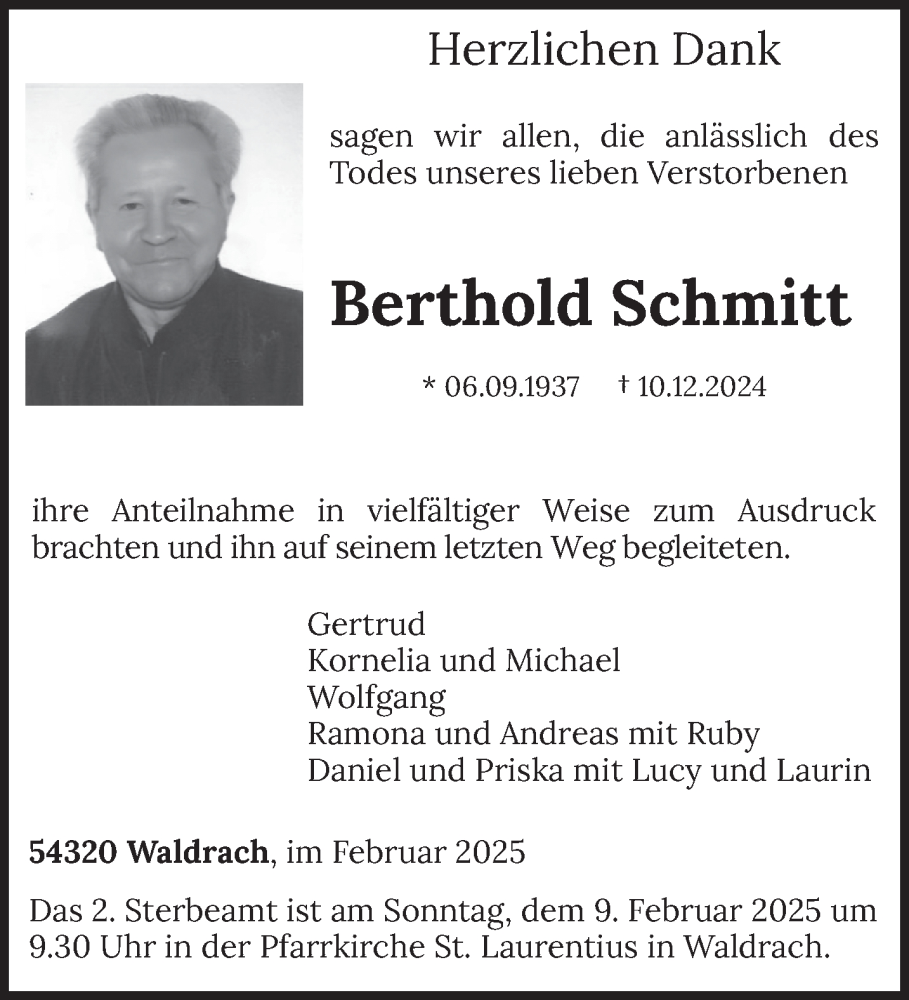  Traueranzeige für Berthold Schmitt vom 01.02.2025 aus trierischer_volksfreund