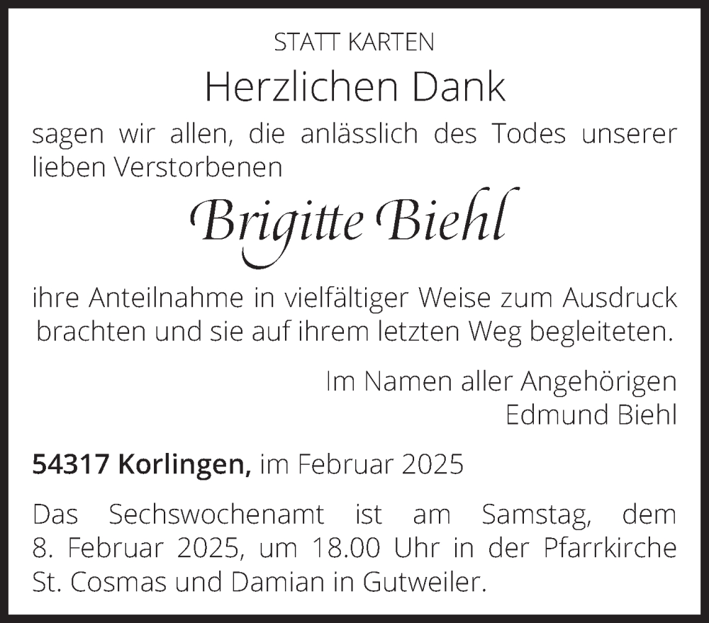  Traueranzeige für Brigitte Biehl vom 05.02.2025 aus trierischer_volksfreund