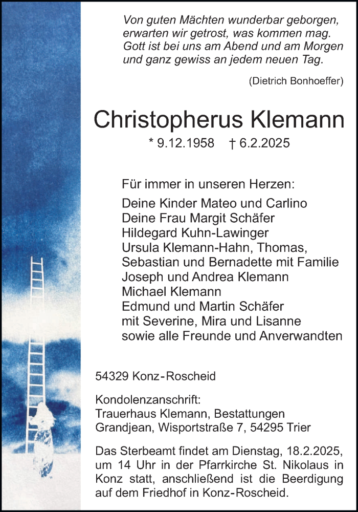  Traueranzeige für Christopherus Klemann vom 13.02.2025 aus trierischer_volksfreund