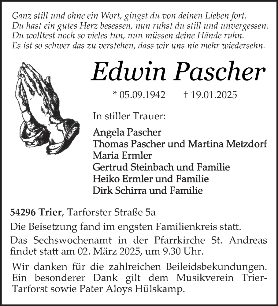  Traueranzeige für Edwin Pascher vom 08.02.2025 aus trierischer_volksfreund