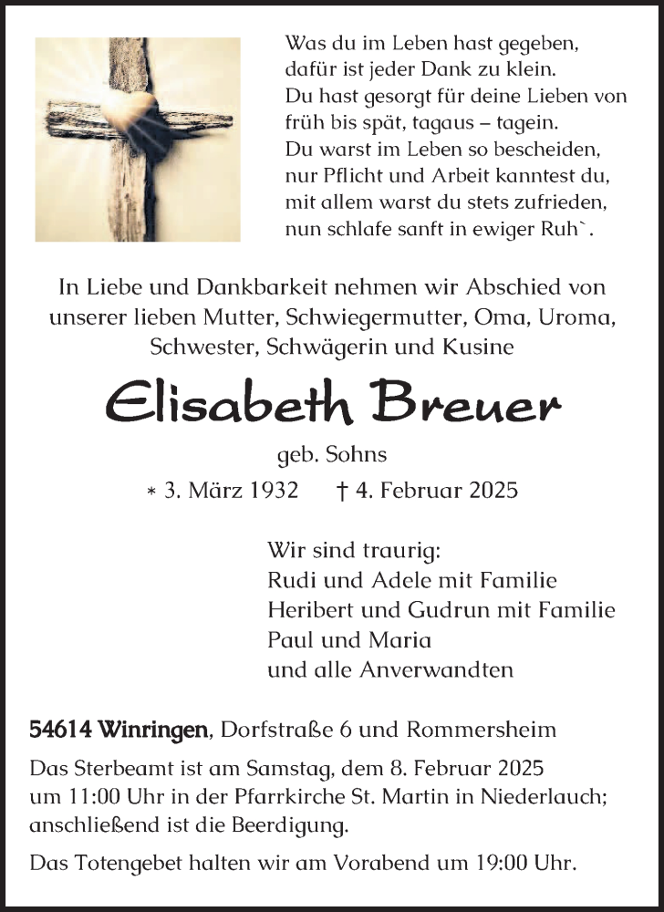  Traueranzeige für Elisabeth Breuer vom 06.02.2025 aus trierischer_volksfreund