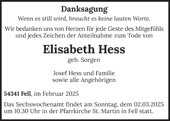 Traueranzeige von Elisabeth Hess von trierischer_volksfreund
