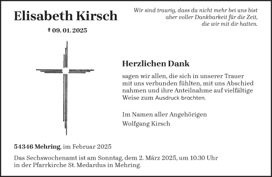 Traueranzeige von Elisabeth Kirsch von trierischer_volksfreund