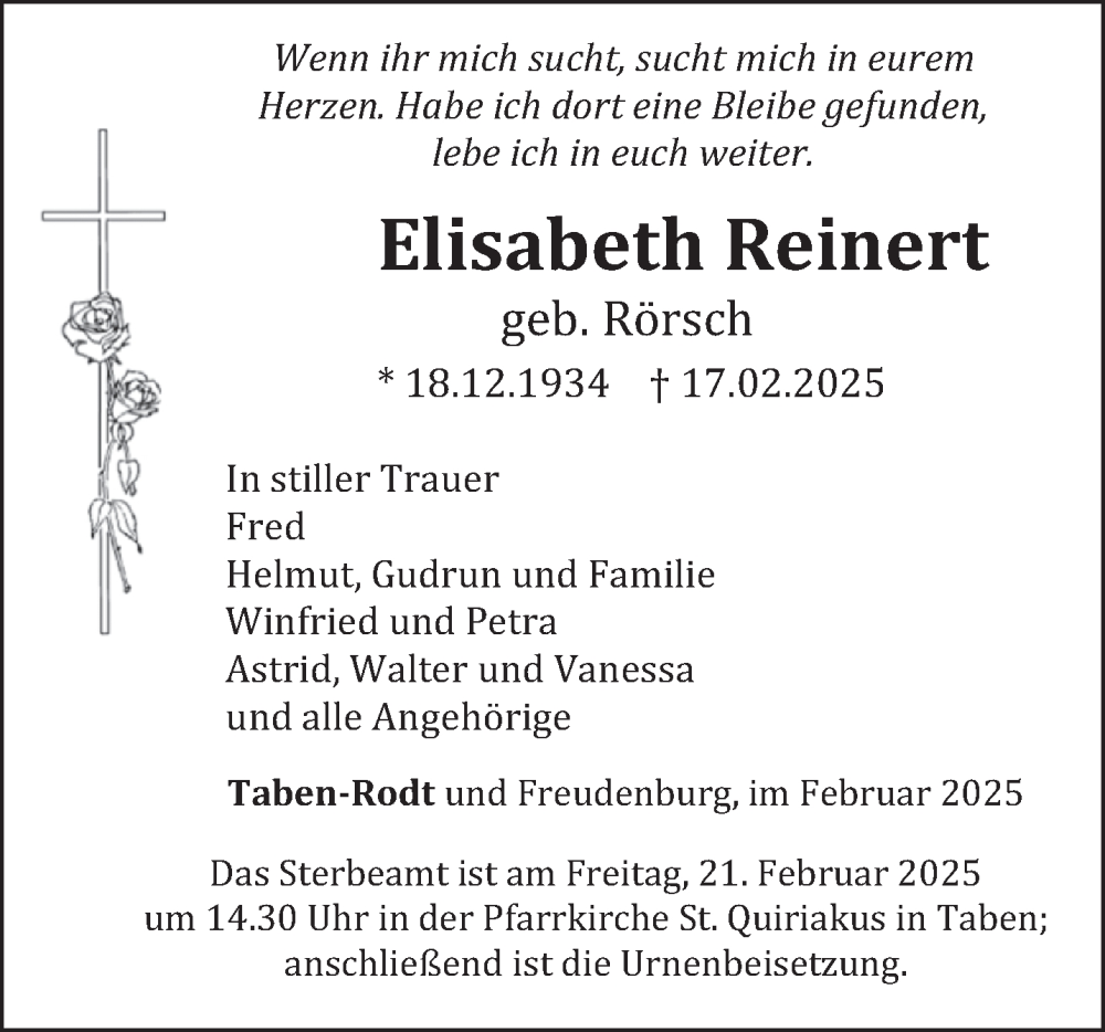  Traueranzeige für Elisabeth Reinert vom 19.02.2025 aus trierischer_volksfreund