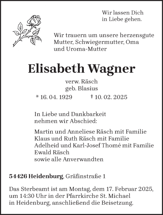 Traueranzeige von Elisabeth Wagner von trierischer_volksfreund