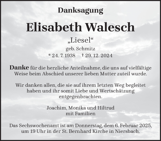 Traueranzeige von Elisabeth Walesch von trierischer_volksfreund