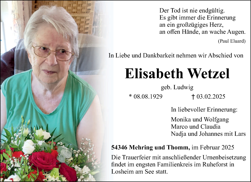  Traueranzeige für Elisabeth Wetzel vom 08.02.2025 aus trierischer_volksfreund